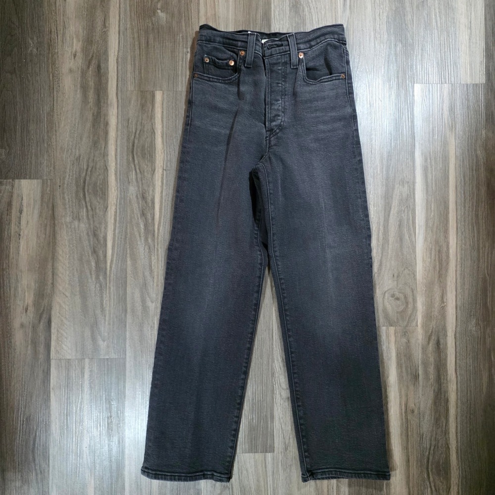 Levis Ribcage‎ Straight Ankle Jeans Charcoal Black High Rise Button Fly 24